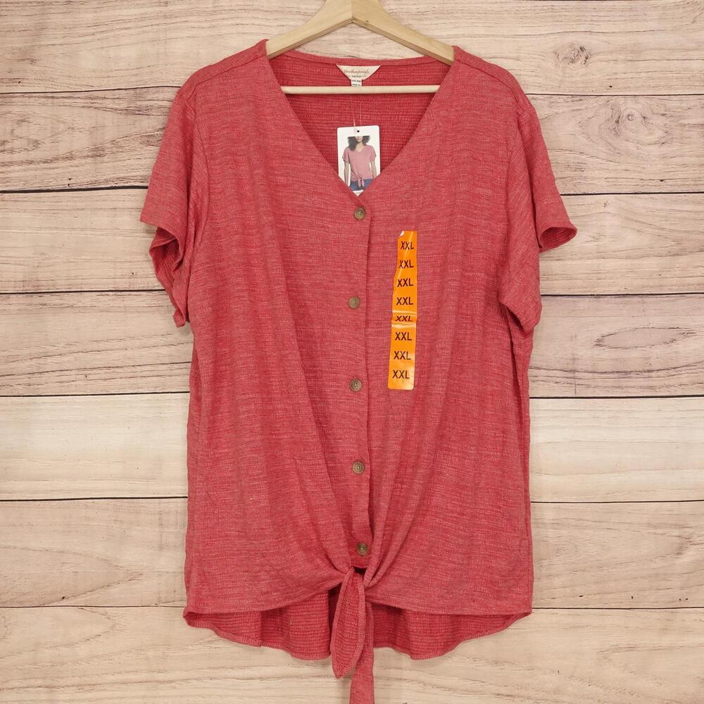 Weatherproof Vintage Button-Up Womens XXL Red V-Neck Short Sleeve Tie Front Top